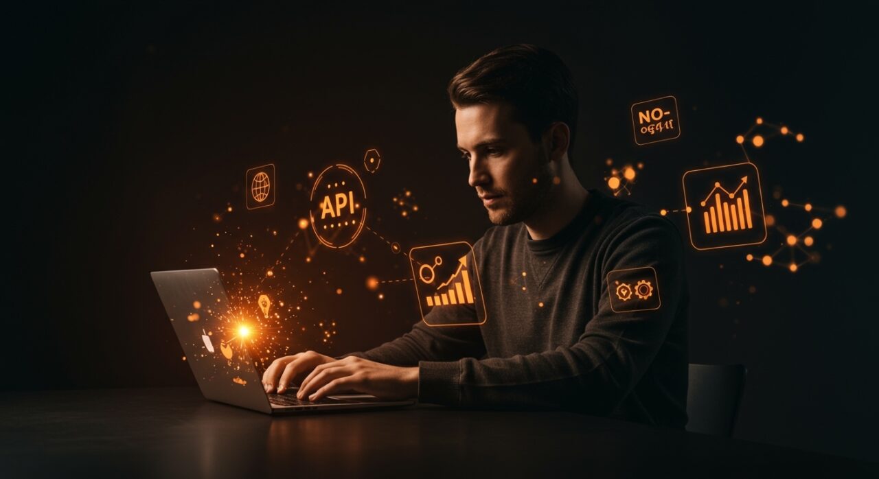 Founder utilizando herramientas no-code y APIs para acelerar lanzamientos y reducir costos en startups con integración sin código.