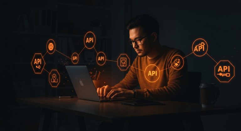 Founder integrando APIs con herramientas no-code para automatización e integración en startups de tecnología.