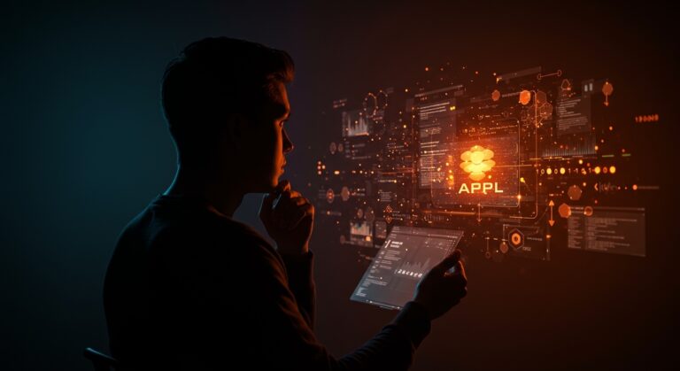 Founder tecnológico en silueta analizando interfaces digitales de código APL y stack tecnológico con metáforas visuales de trade-offs y colaboración tech.