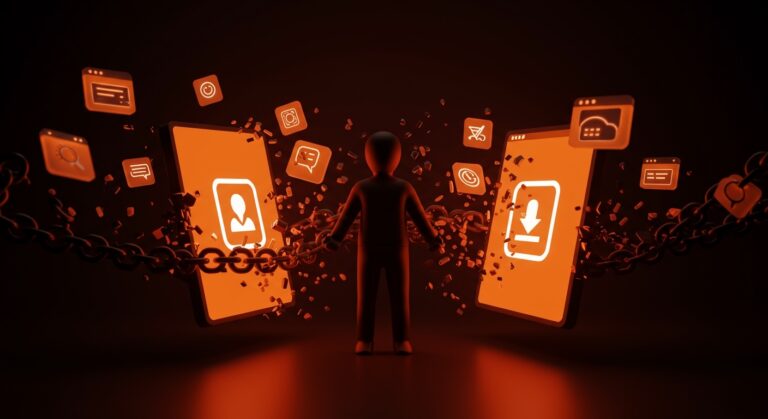 Usuario conflictuado entre descargar una app móvil o usar versión web, simbolizando el impacto en experiencia de usuario y estrategia digital en startups.