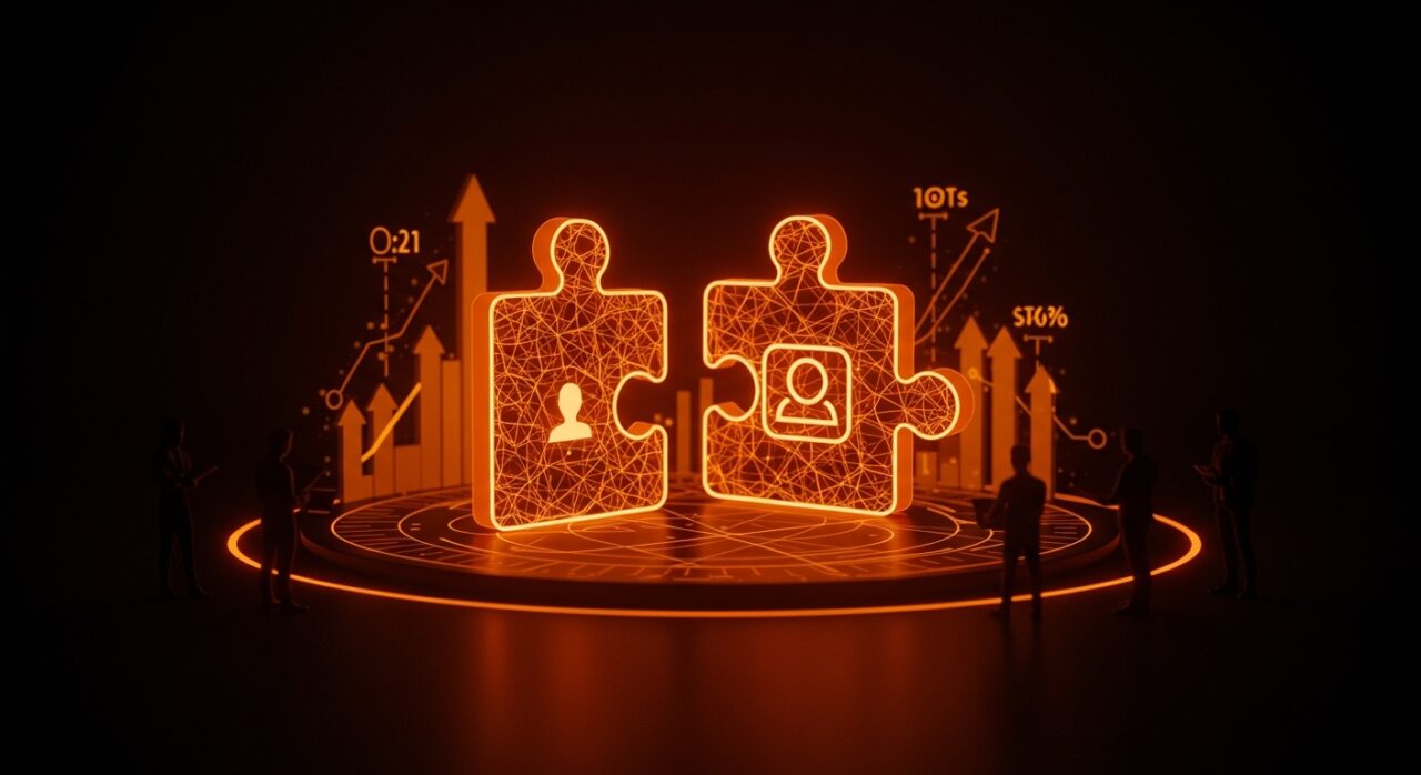 Visualización de AppDirect adquiriendo PartnerStack con metáforas de crecimiento partner-led en SaaS B2B y distribución de software.