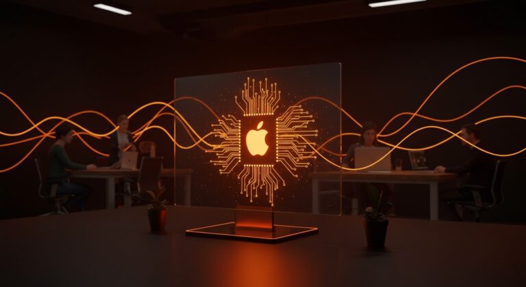 Innovación de Apple celebrando 50 años con emprendedores colaborando y tecnología avanzada en Ecosistema Startup.