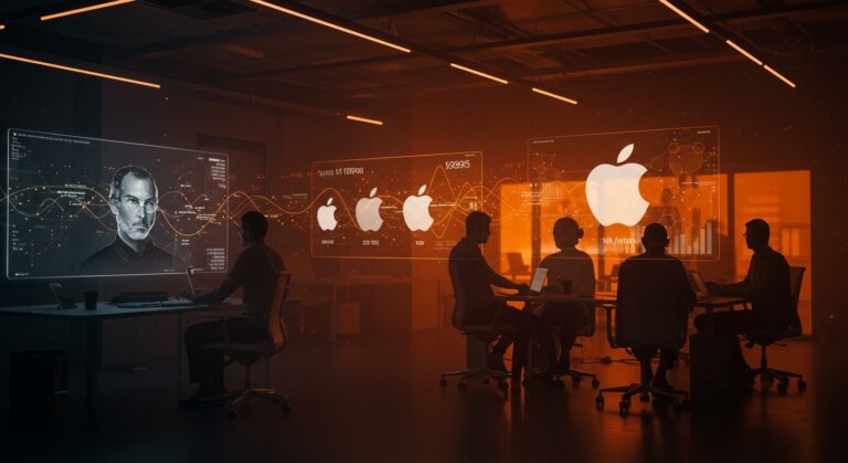 Celebración de 50 años de Apple mostrando a emprendedores tecnológicos colaborando con iconografía de innovación y crecimiento en ecosistema startup.