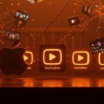 Demanda a Apple por scraping ilegal de vídeos de YouTube para entrenamiento de IA, ilustración editorial en colores naranja y negro.