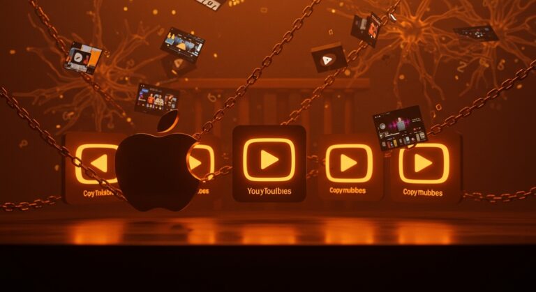 Demanda a Apple por scraping ilegal de vídeos de YouTube para entrenamiento de IA, ilustración editorial en colores naranja y negro.