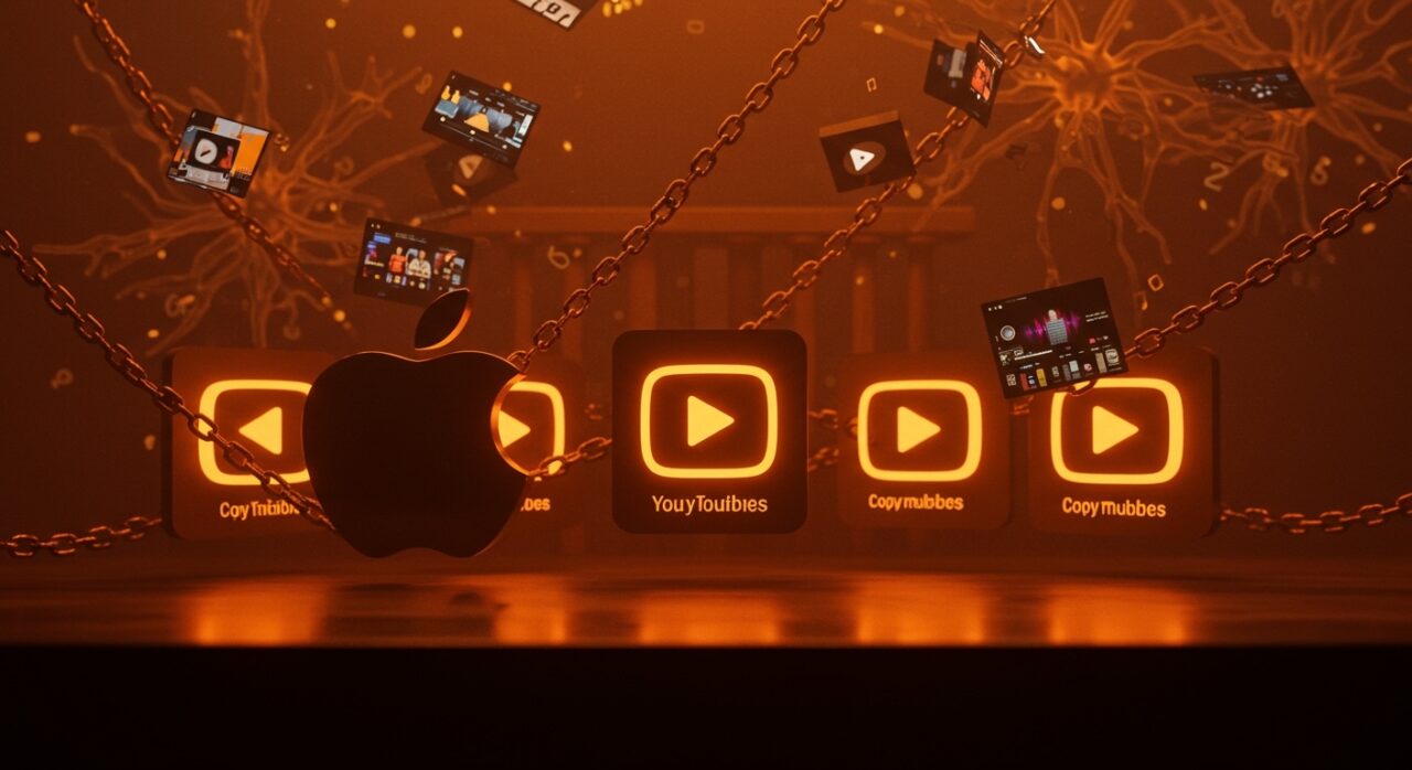 Demanda a Apple por scraping ilegal de vídeos de YouTube para entrenamiento de IA, ilustración editorial en colores naranja y negro.