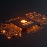 Chip Apple Silicon iluminado en una matriz digital que simboliza la inteligencia artificial local y la privacidad avanzada de Apple en la carrera tecnológica.