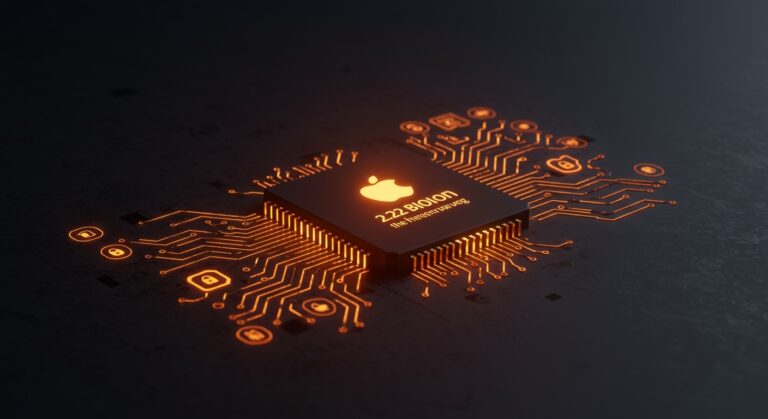Chip Apple Silicon iluminado en una matriz digital que simboliza la inteligencia artificial local y la privacidad avanzada de Apple en la carrera tecnológica.