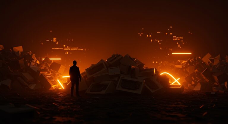 Steve Jobs junto a una montaña de ordenadores Apple Lisa desechados, simbolizando la gestión de marca y los fracasos tecnológicos en startups.