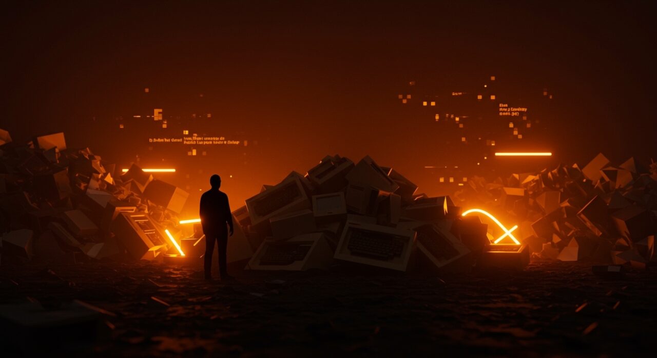 Steve Jobs junto a una montaña de ordenadores Apple Lisa desechados, simbolizando la gestión de marca y los fracasos tecnológicos en startups.