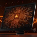 Computadora Mac destacada con patrones de redes neuronales luminosas en tonos naranja y negro, representando la demanda creciente de hardware IA y la tendencia en startups.