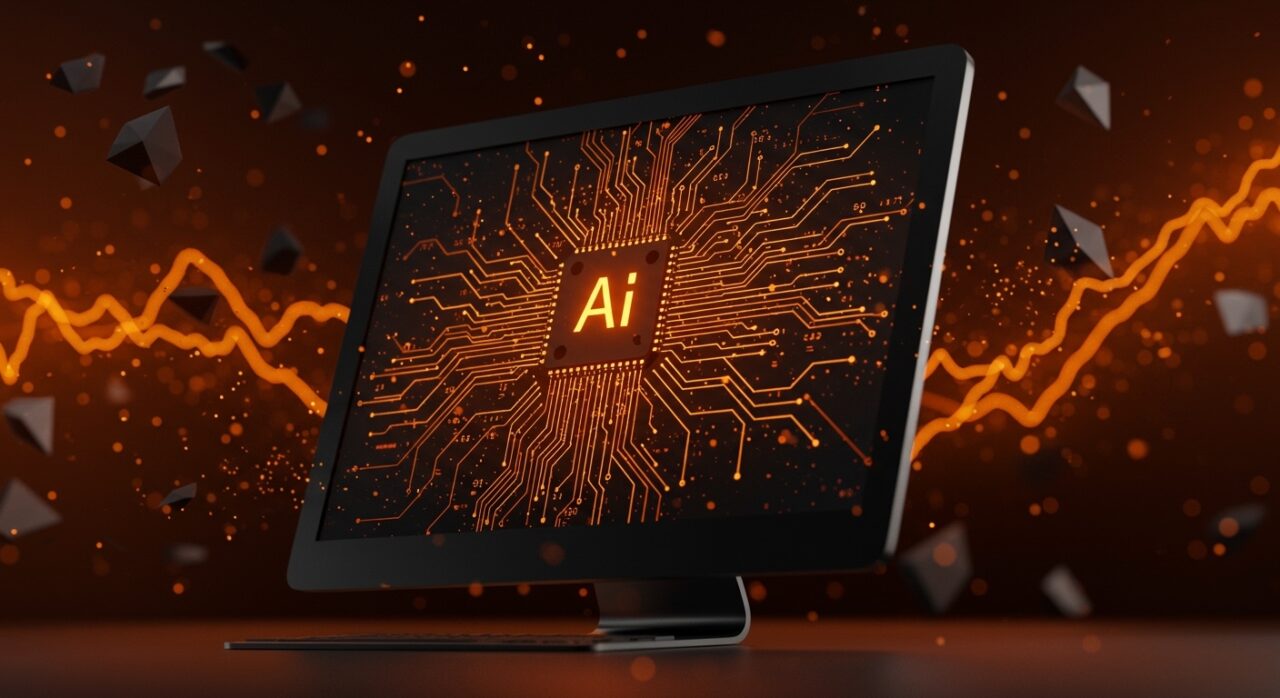 Computadora Mac destacada con patrones de redes neuronales luminosas en tonos naranja y negro, representando la demanda creciente de hardware IA y la tendencia en startups.