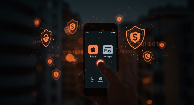 Seguridad fintech con Apple Pay y Google Pay mostrando tokenización y reducción de fraude en pagos móviles en España y LATAM.