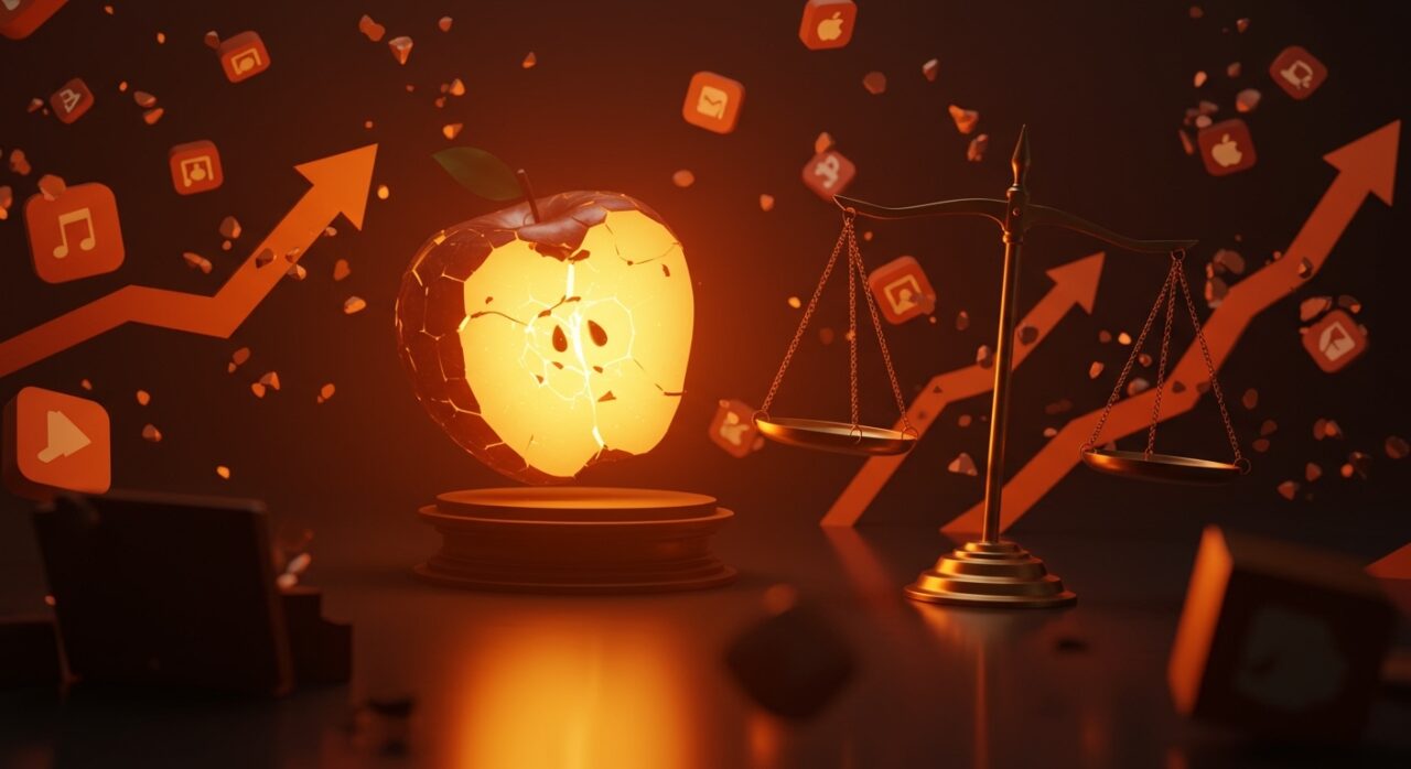 Ilustración digital de Apple enfrentando comisiones de App Store en la Corte Suprema y su impacto en startups iOS.