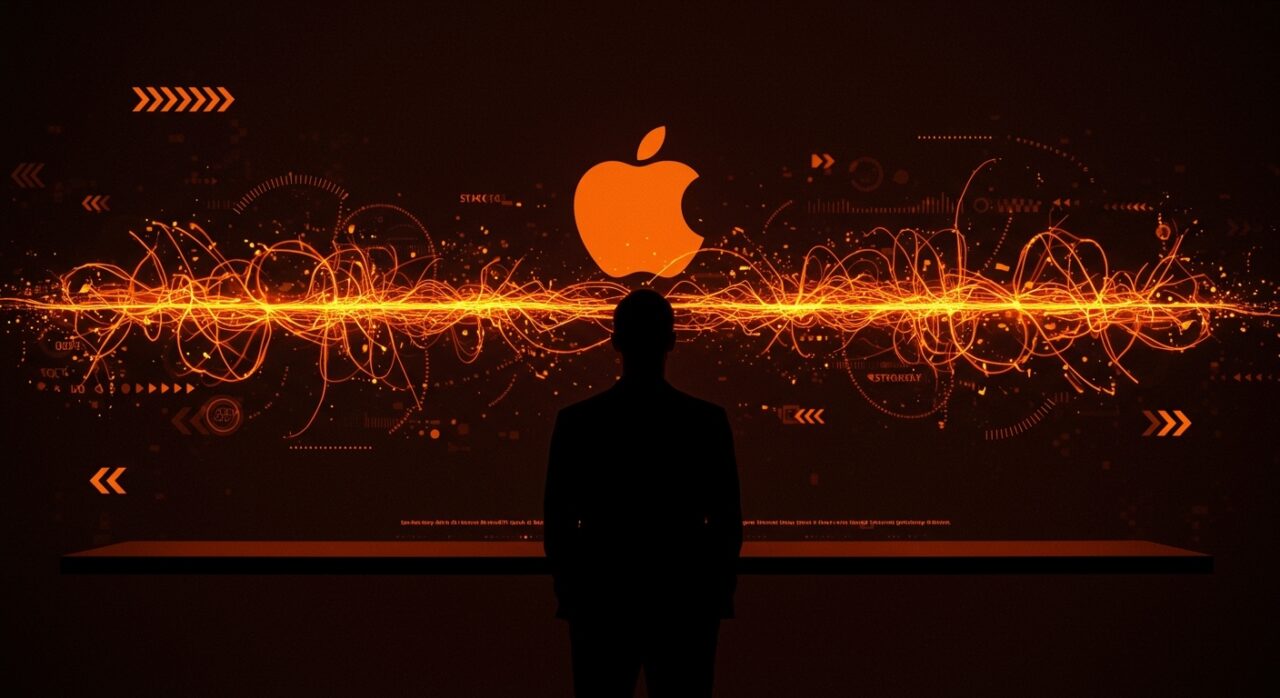 John Ternus como nuevo CEO de Apple frente a interfaz digital que representa los desafíos en inteligencia artificial y retrasos con Siri.