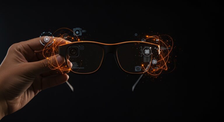 Gafas inteligentes Apple con IA y cámaras, simbolizando innovación en realidad aumentada y competencia con Meta Ray-Ban.