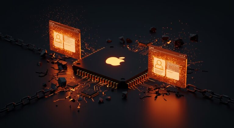 Apple Silicon representando la limitación a 2 máquinas virtuales en macOS y cómo se supera con Kernel Debug Kit, imagen editorial con paleta naranja y negro.