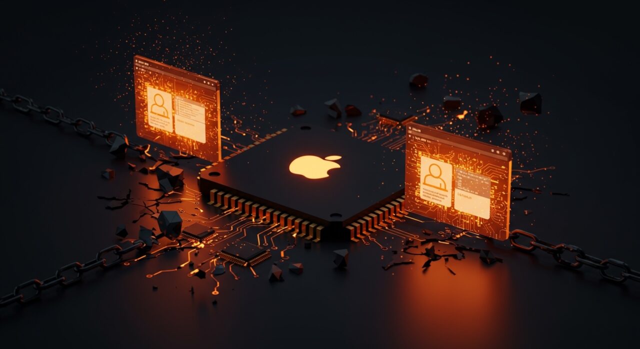 Apple Silicon representando la limitación a 2 máquinas virtuales en macOS y cómo se supera con Kernel Debug Kit, imagen editorial con paleta naranja y negro.
