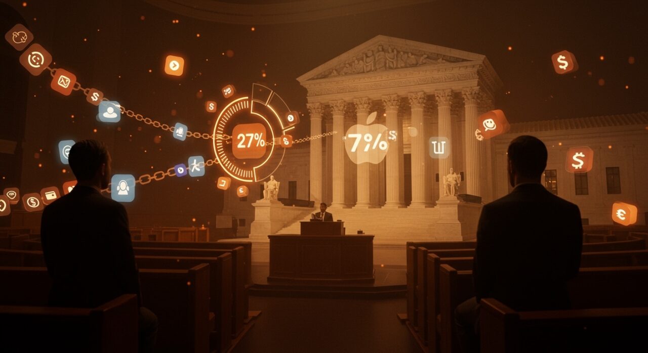 Tribunal Supremo enfrentando la comisión del 27% de Apple en la App Store, implicaciones para desarrolladores y economía digital.
