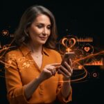 Mujer monitoreando la menopausia con una app de femtech en un entorno digital moderno, reflejando la salud femenina y tendencias en salud digital.