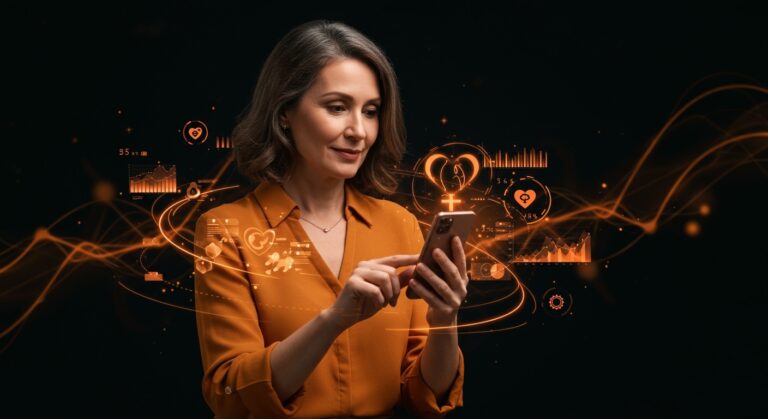 Mujer monitoreando la menopausia con una app de femtech en un entorno digital moderno, reflejando la salud femenina y tendencias en salud digital.