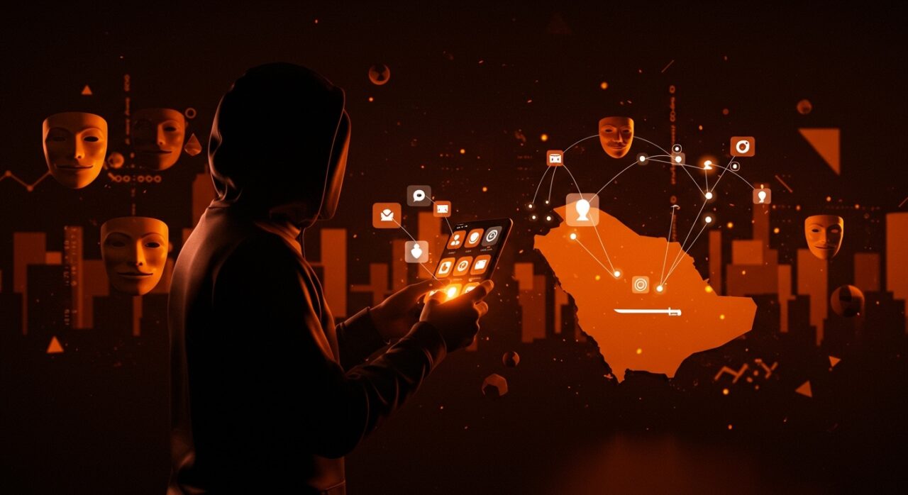 Interacción anónima en app social Fizz en Arabia Saudita con elementos visuales de mercados emergentes y startups tech.