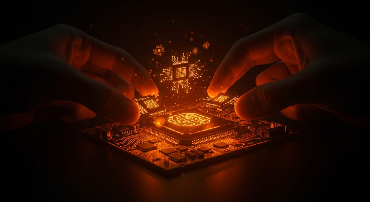 Manos ensamblando una GPU futurista en un circuito digital, representando educación tecnológica y hardware para founders con estilo Ecosistema Startup.