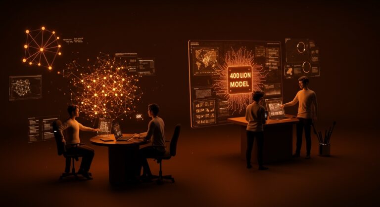 Startup Arcee AI desarrollando un modelo LLM open source de 400B parámetros que supera a Llama, simbolizando innovación en inteligencia artificial y competencia en el ecosistema tecnológico.