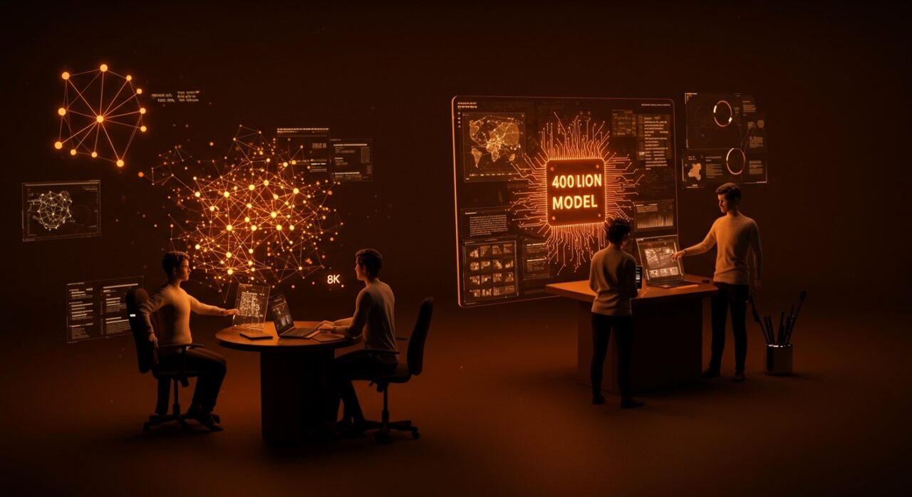 Startup Arcee AI desarrollando un modelo LLM open source de 400B parámetros que supera a Llama, simbolizando innovación en inteligencia artificial y competencia en el ecosistema tecnológico.