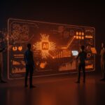 Equipo de startup colaborando con IA abierta y escalable de Arcee, visualizando modelos personalizables de inteligencia artificial en un entorno tecnológico en colores naranja y negro.