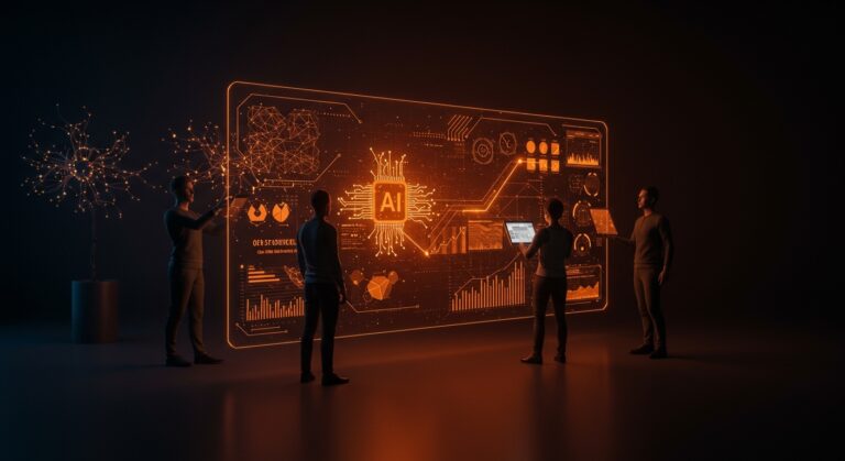 Equipo de startup colaborando con IA abierta y escalable de Arcee, visualizando modelos personalizables de inteligencia artificial en un entorno tecnológico en colores naranja y negro.