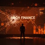 Cierre de startup fintech cripto Arch Finance representado por fundador frente a pantalla digital rota y símbolos de colapso del mercado fintech en Latinoamérica.