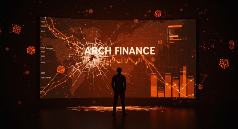 Cierre de startup fintech cripto Arch Finance representado por fundador frente a pantalla digital rota y símbolos de colapso del mercado fintech en Latinoamérica.
