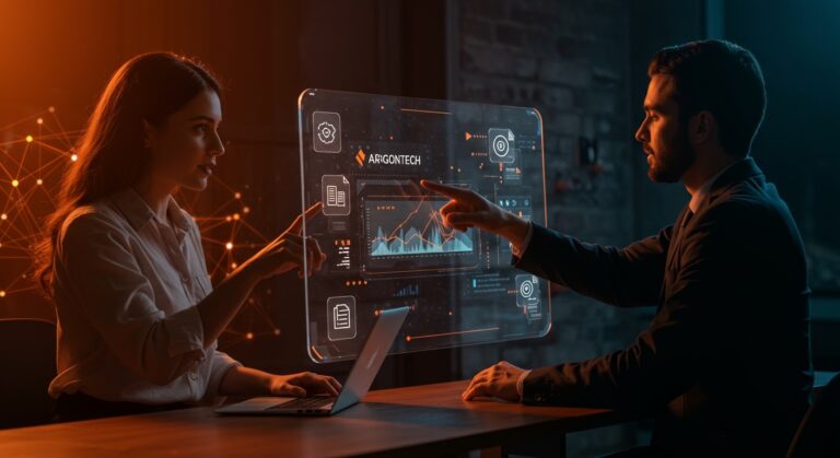 Representación visual de la automatización y gestión documental impulsada por la alianza Argontech y Netcontent para startups en LATAM.