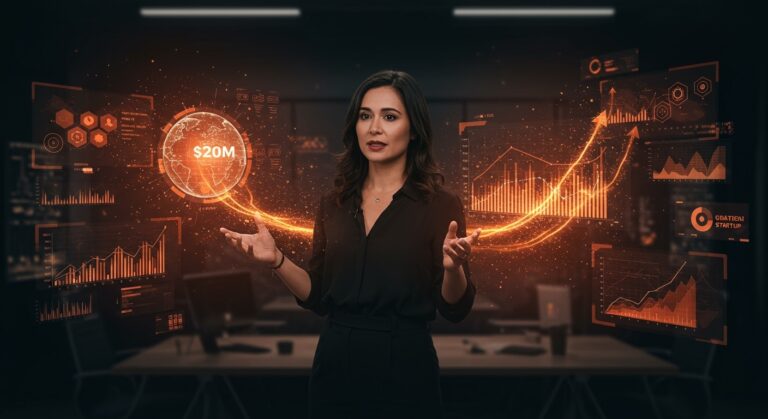 Cathie Wood liderando inversión de $20M en startup de gamificación, simbolizando financiamiento y crecimiento en startups en 2026.