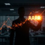 CEO manipulando métricas de ingresos recurrentes anuales en startups de IA con símbolos de crecimiento y manipulación financiera en paleta naranja y negro.