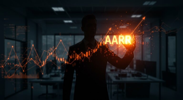 CEO manipulando métricas de ingresos recurrentes anuales en startups de IA con símbolos de crecimiento y manipulación financiera en paleta naranja y negro.