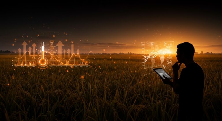 Cultivo de arroz afectado por cambio climático con fundador de agrotech analizando soluciones innovadoras para adaptación agrícola.