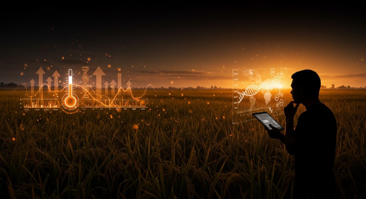 Cultivo de arroz afectado por cambio climático con fundador de agrotech analizando soluciones innovadoras para adaptación agrícola.