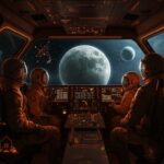 Imagen de la misión Artemis II con astronautas diversos en nave espacial rumbo a la luna, destacando tecnología espacial y el retorno lunar de la NASA.