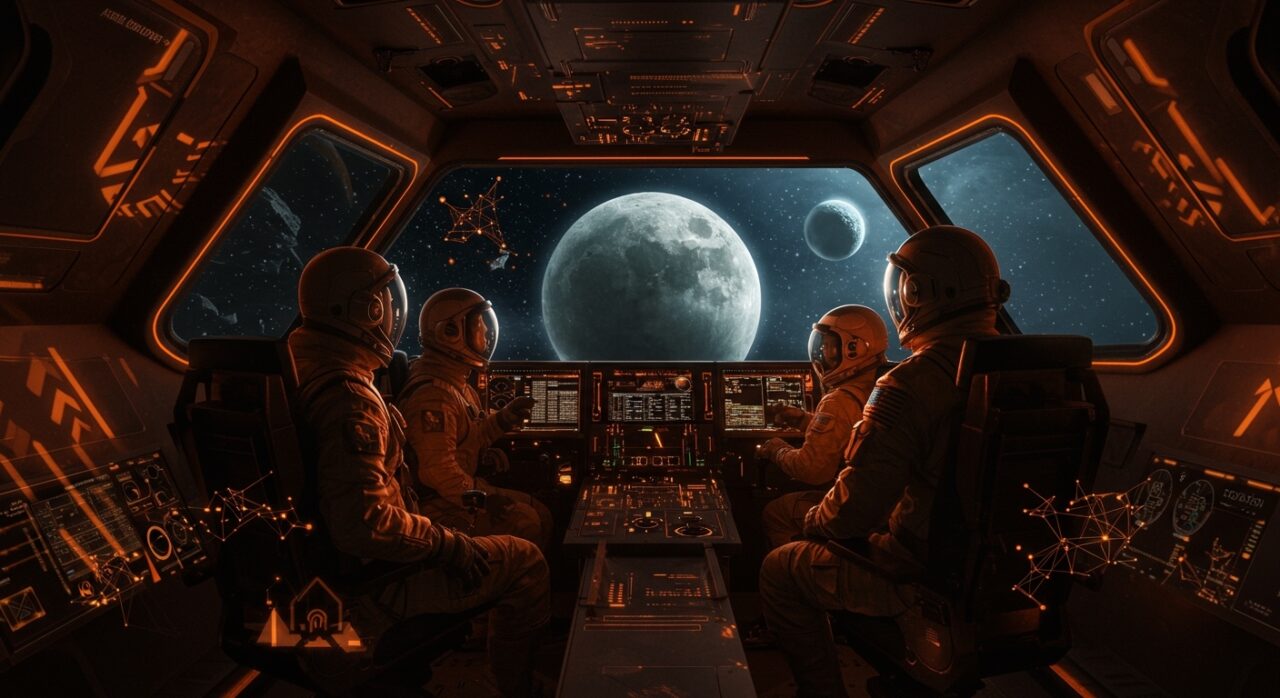 Imagen de la misión Artemis II con astronautas diversos en nave espacial rumbo a la luna, destacando tecnología espacial y el retorno lunar de la NASA.
