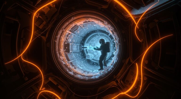 Interior de la cápsula Orión con sistema de baño espacial congelado y astronauta analizando, representando los desafíos técnicos y la innovación tecnológica de NASA en Artemis II.