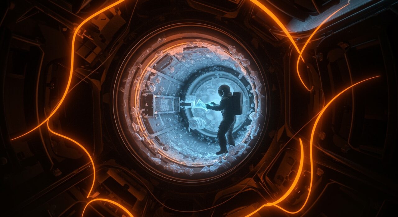 Interior de la cápsula Orión con sistema de baño espacial congelado y astronauta analizando, representando los desafíos técnicos y la innovación tecnológica de NASA en Artemis II.