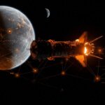 Nave espacial Artemis II en órbita lunar destacando colaboración tecnológica y el futuro de la exploración lunar con NASA, SpaceX y Blue Origin.