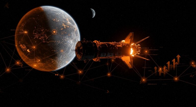 Nave espacial Artemis II en órbita lunar destacando colaboración tecnológica y el futuro de la exploración lunar con NASA, SpaceX y Blue Origin.