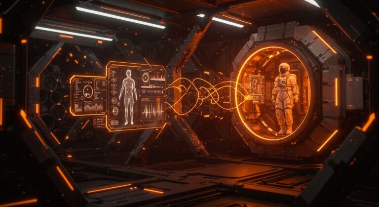 Experimentos espaciales de Artemis II enfocados en salud humana con astronautas y biomarcadores tecnológicos en entorno futurista.