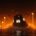 Cápsula Orion Integrity amerizando frente a San Diego tras la misión lunar Artemis II, destacando tecnología espacial e innovación en exploración tripulada.