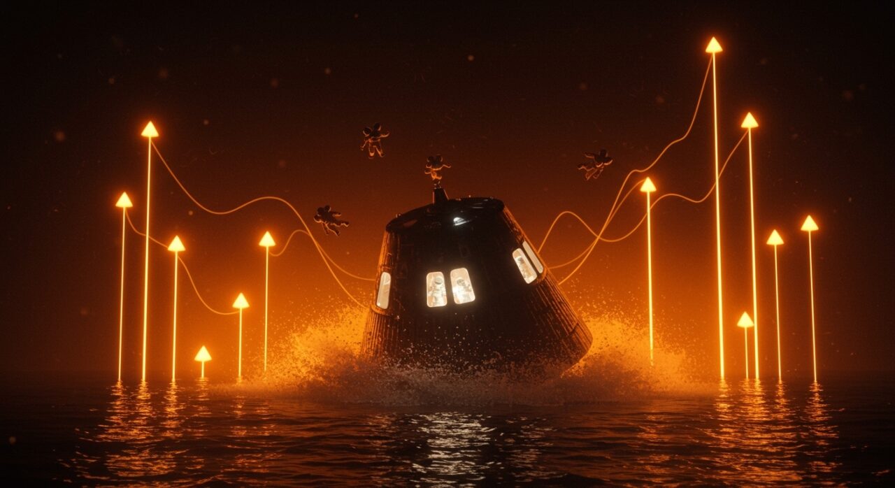 Cápsula Orion Integrity amerizando frente a San Diego tras la misión lunar Artemis II, destacando tecnología espacial e innovación en exploración tripulada.