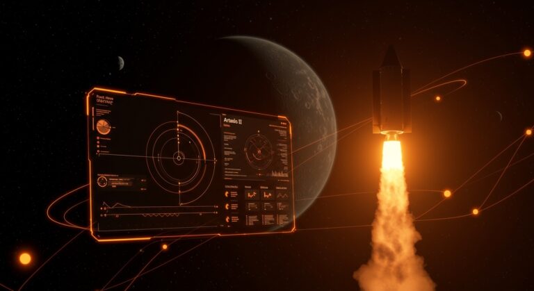 Seguimiento en tiempo real de la misión Artemis II de la NASA con visualización tecnológica avanzada y realidad aumentada para la cápsula Orion.