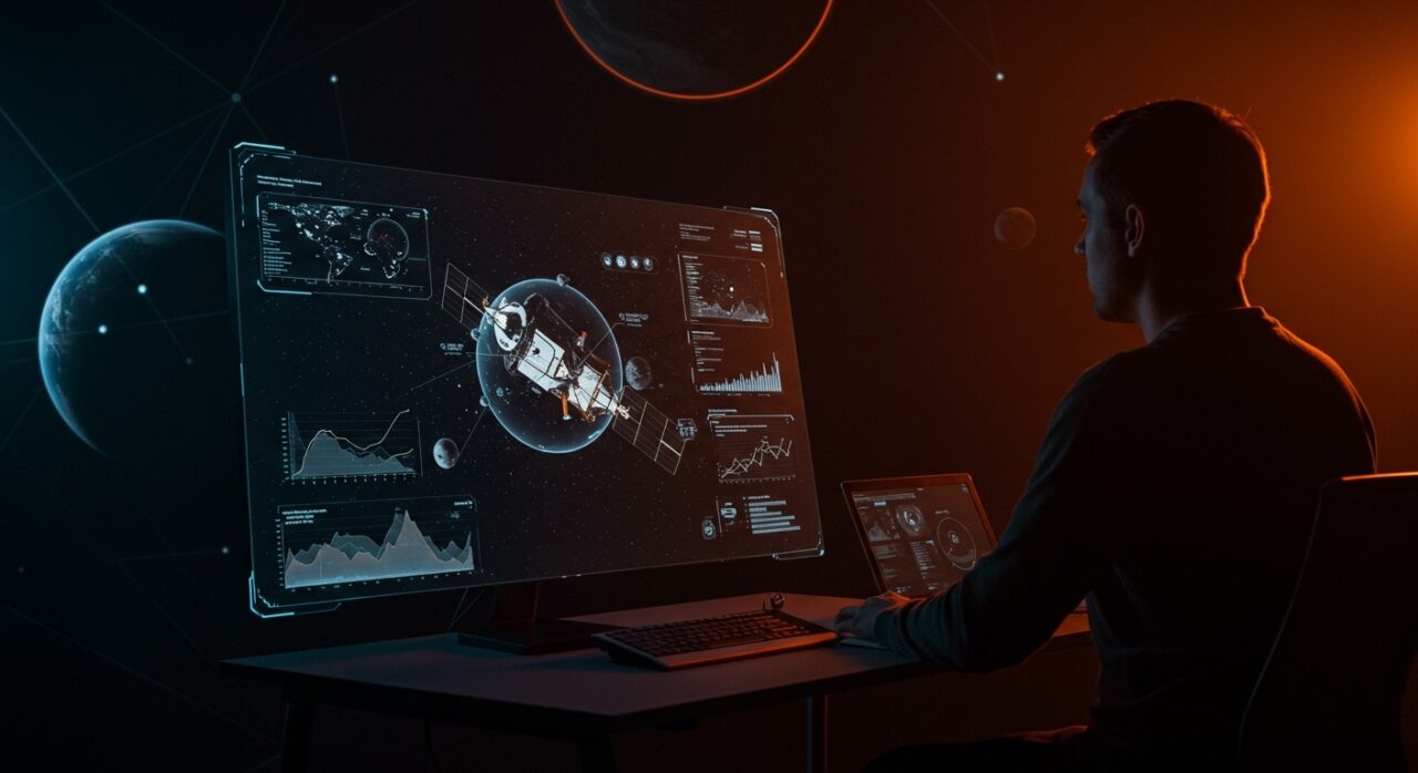 Founder tech interactuando con interfaz holográfica de seguimiento en tiempo real de la misión espacial Artemis II, destacando innovación tecnológica para startups.